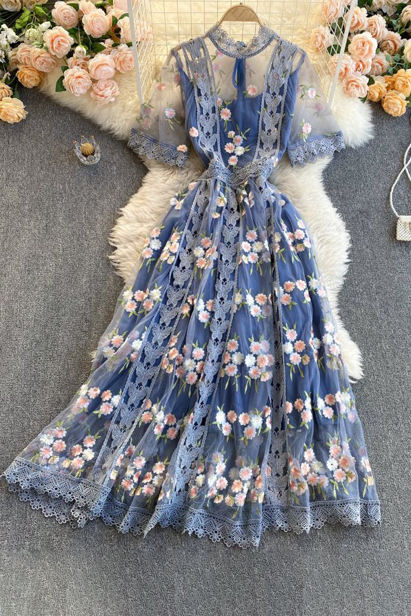 Gauze Embroidery Flower Lace Maxi Dress