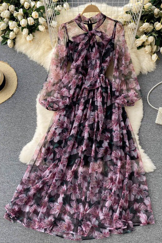 Chiffon Long Sleeve Strappy Maxi Dress