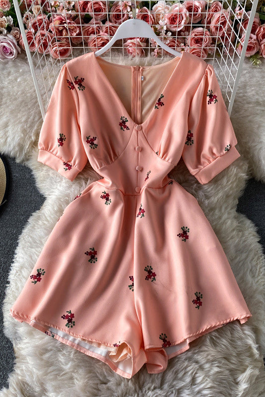 V-Neck Short Sleeve Zip Romper Jumpsuit