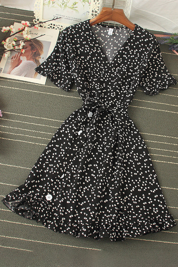 V-Neck Lace Short Sleeve Buttons Strappy Mini Dress