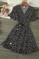 V-Neck Lace Short Sleeve Buttons Strappy Mini Dress