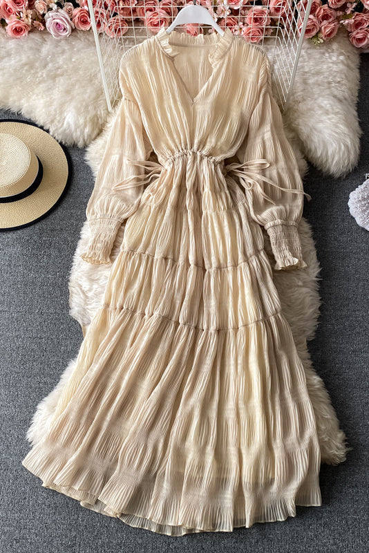Retro Boho Chiffon V-Neck Long Sleeve Maxi Dress