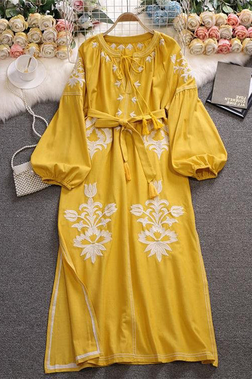 Ethnic Embroidery Tassel Long Sleeve Maxi Dress