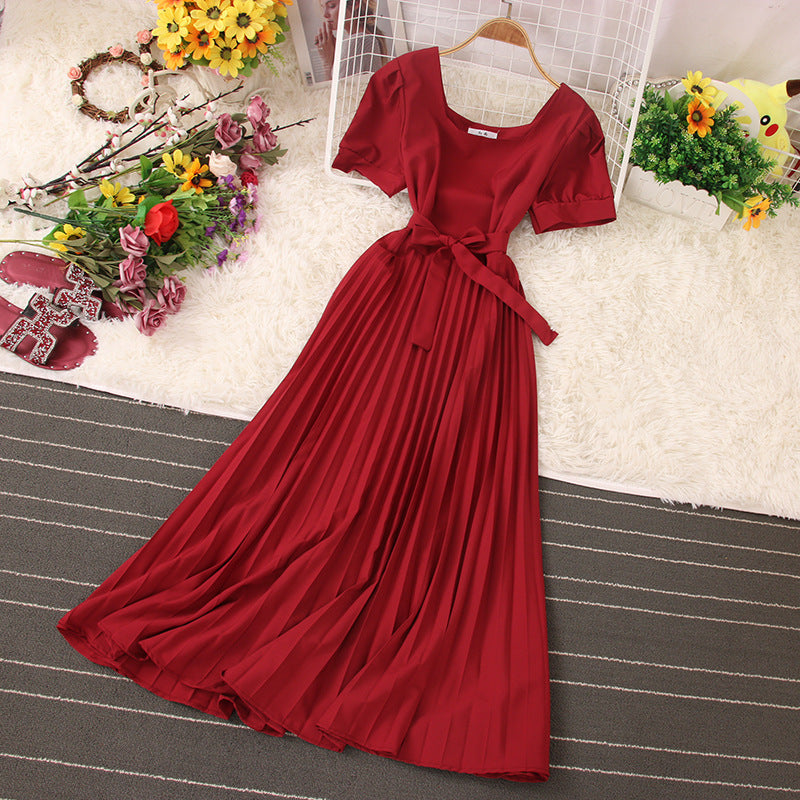Short Sleeve Strappy Pleated Maxi Dress