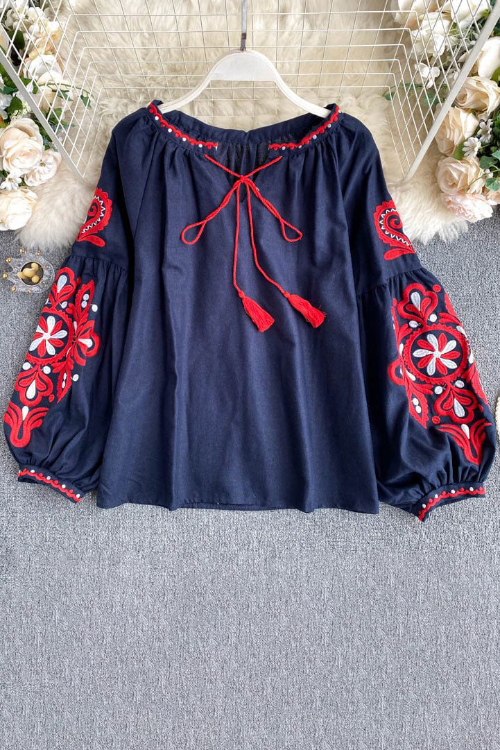 Retro Tassel Strappy Embroidery Long Sleeve Top