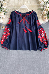 Retro Tassel Strappy Embroidery Long Sleeve Top