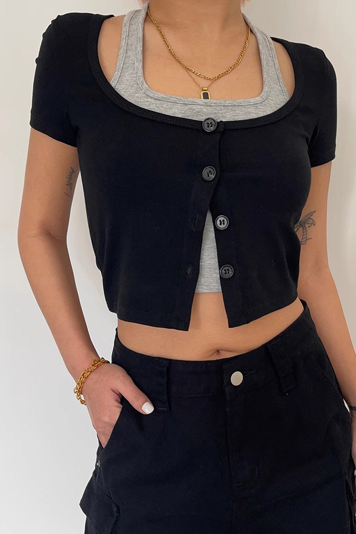 Contrast Buttoned Front Fake Two Tops Shirt