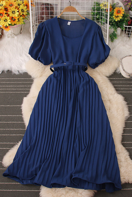 Square Collar Short Sleeve Pleated Maxi Dress