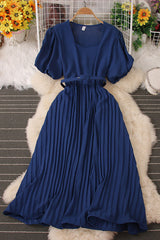 Square Collar Short Sleeve Pleated Maxi Dress