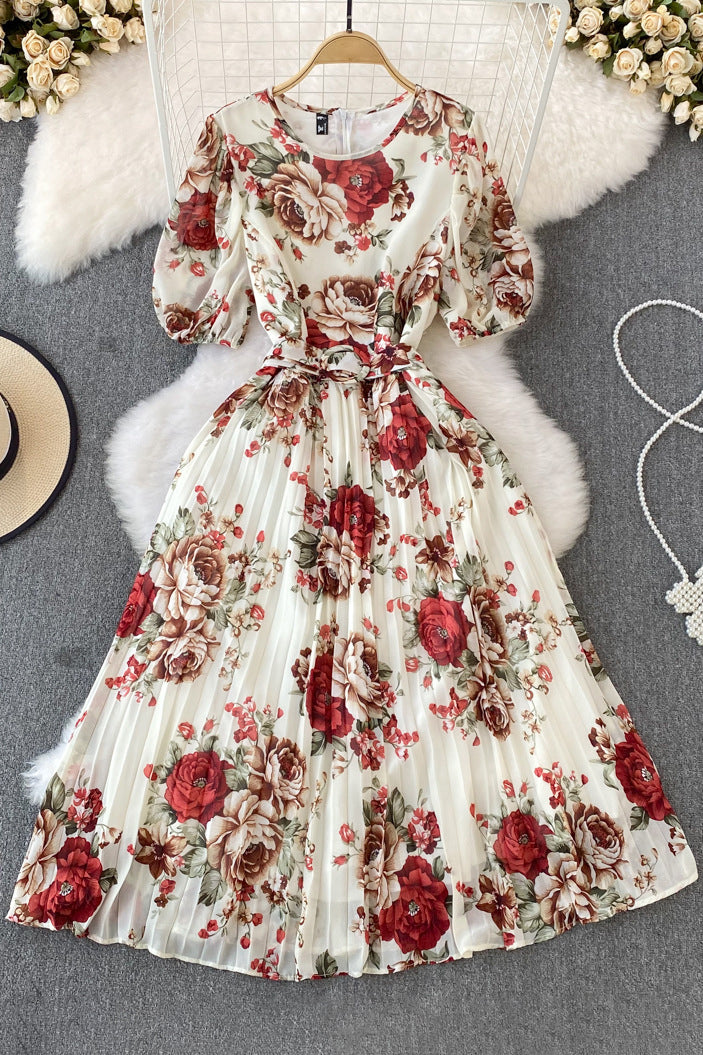 Flower Print Short Sleeve Pleated Dress