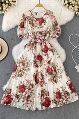 Flower Print Short Sleeve Pleated Dress
