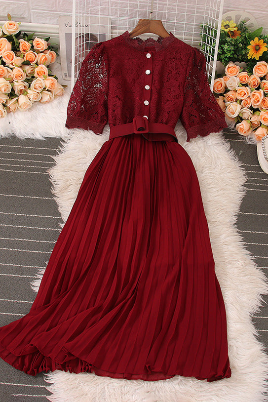 Retro Lace Hollow Short Sleeve Pleated Maxi Dress