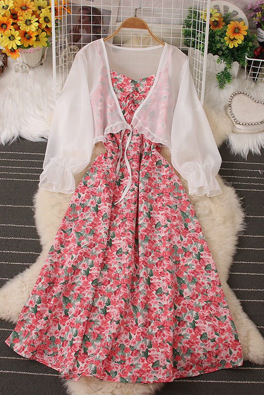Floral Backless Strap Maxi Dress Chiffon Cardigan Top Set Two-Piece