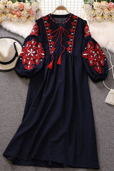 Boho Long Sleeve Embroidery Maxi Dress