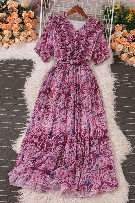 Lace V-Neck Floral Short Sleeve Maxi Dress