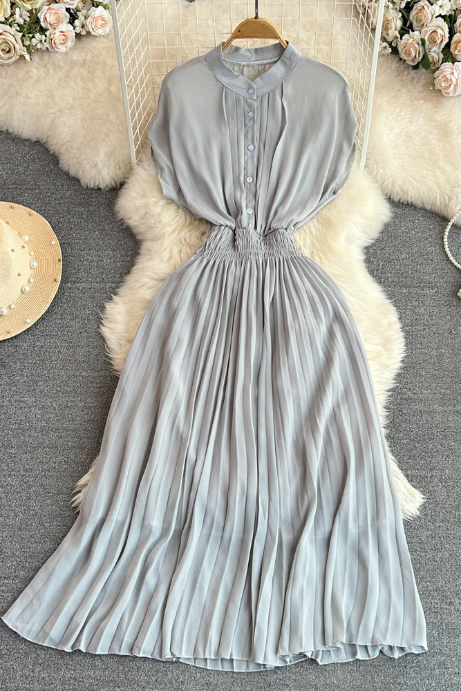 Short Sleeve Buttons Pleated Maxi Dress