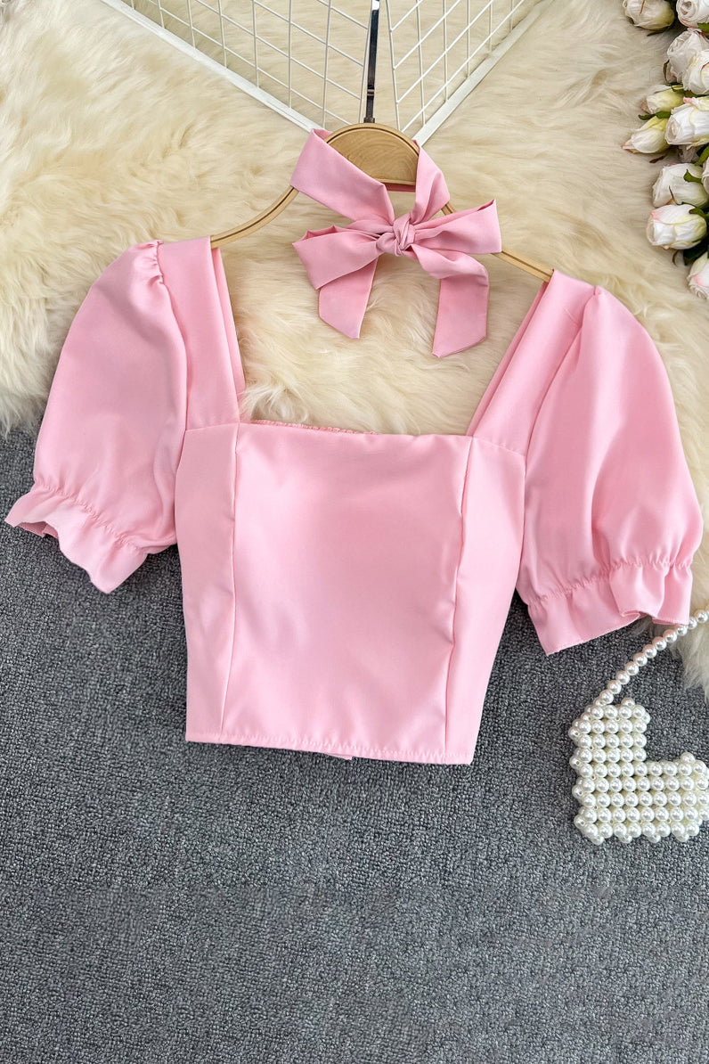 Bow Square Neck Short Sleeve Crop Top
