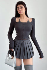Buttons Knit Lace Long Sleeve Tops