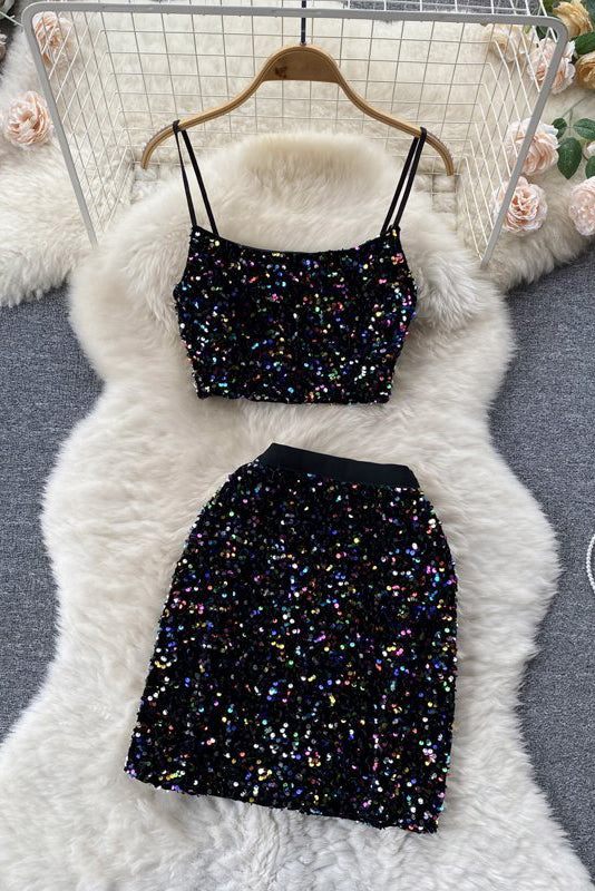 Sequin Off Shoulder Strap Cami Crop Vest Tank Top Skirt Set Two-Piece