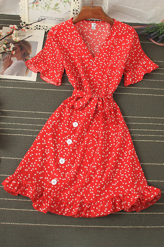 V-Neck Lace Short Sleeve Buttons Strappy Mini Dress