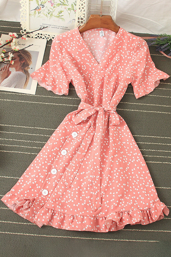 V-Neck Lace Short Sleeve Buttons Strappy Mini Dress