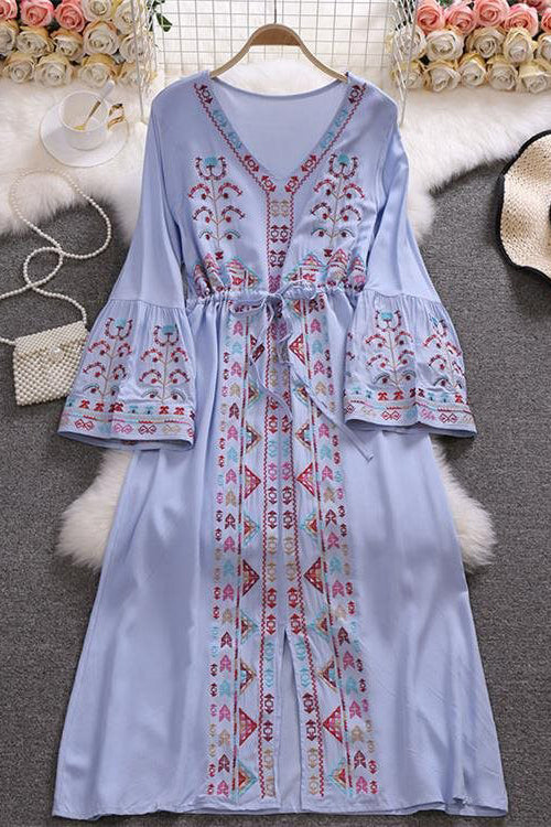 Boho Embroidery Long Sleeve V-Neck Strappy Maxi Dress