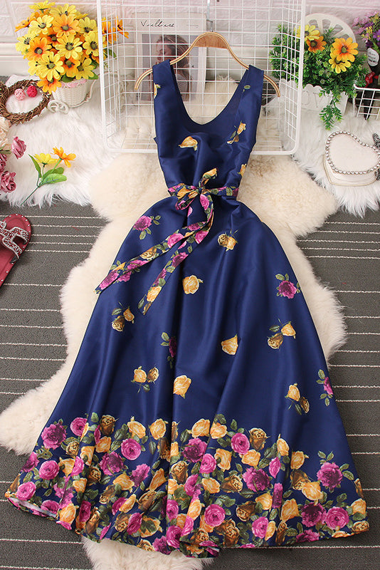 Flower Print Sleeveless Strappy Maxi Dress