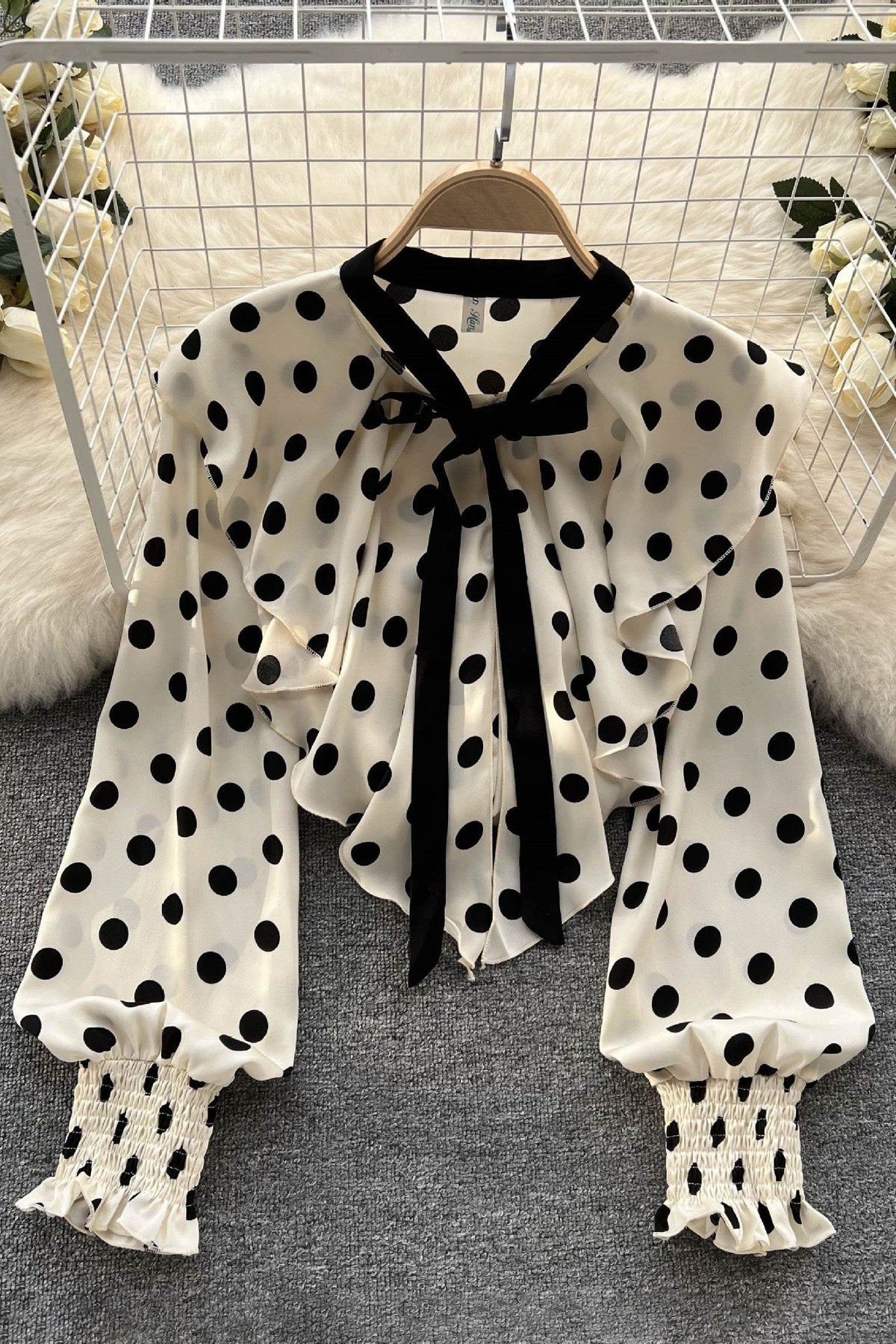 Lace Long Sleeve Polka Dots Print Tops