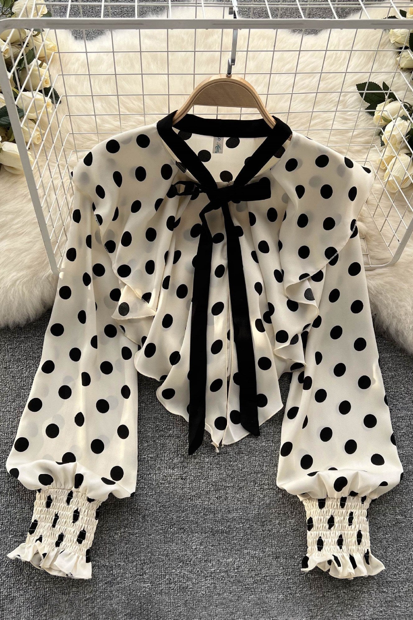Lace Long Sleeve Polka Dots Print Tops