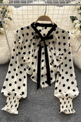 Lace Long Sleeve Polka Dots Print Tops