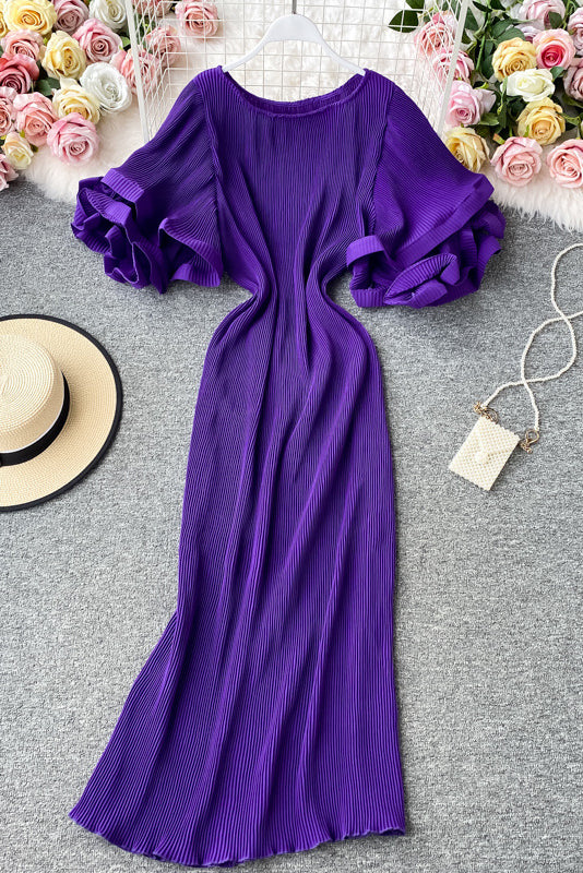 Lace Pleated Short Sleeve Maxi Dress