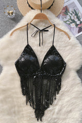 Sequin Strap Strappy Halter Tassel Cami Crop Vest Tank Tops