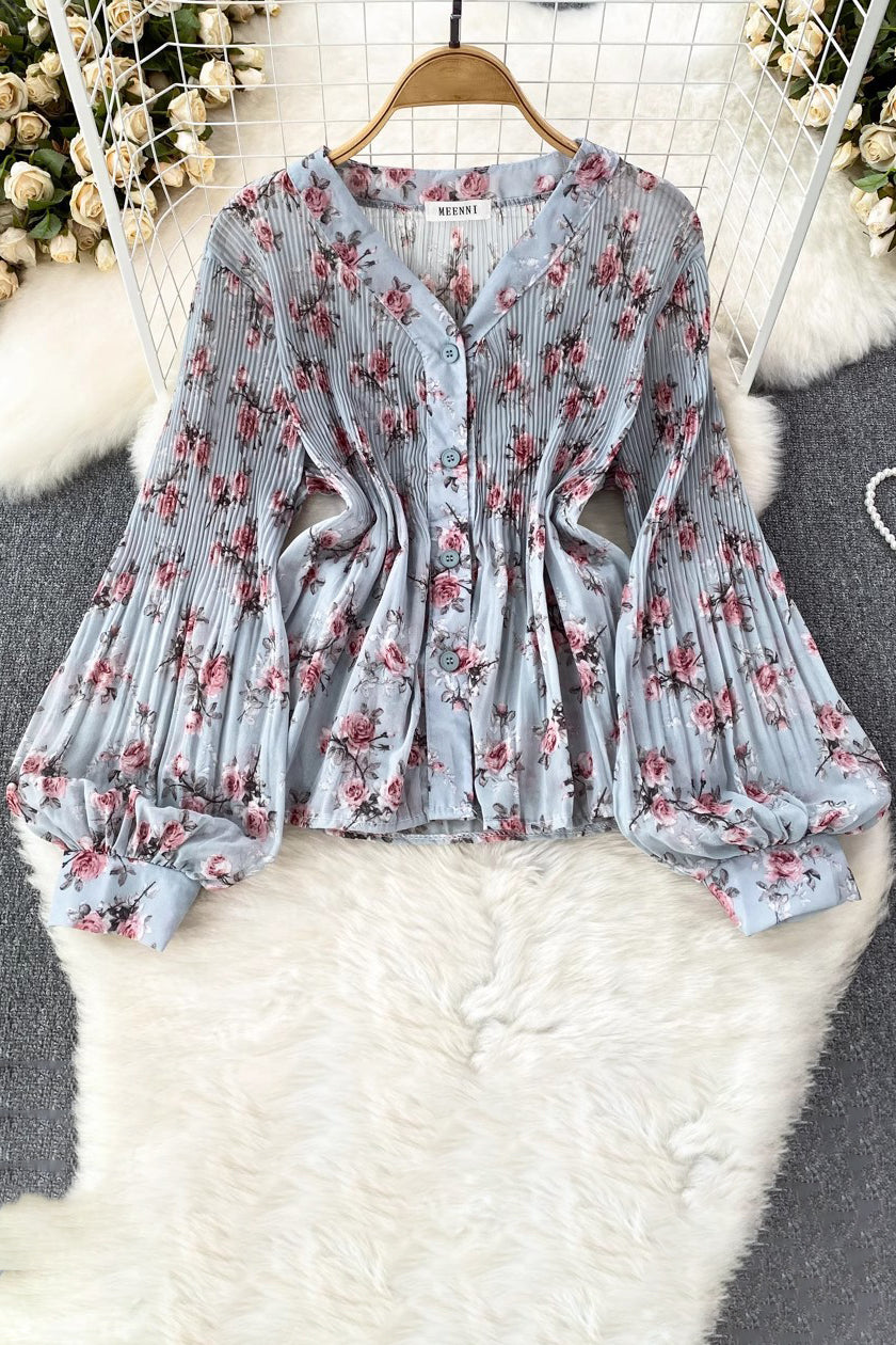 V-Neck Long Sleeve Ruffle Buttons Top