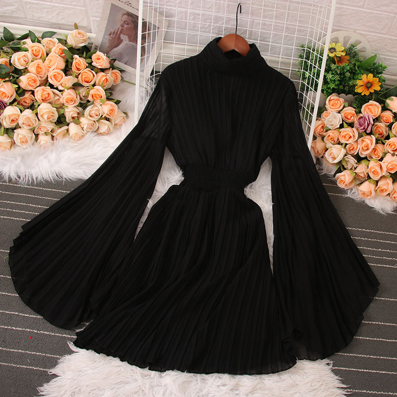 High Neck Long Sleeve Pleated Mini Dress