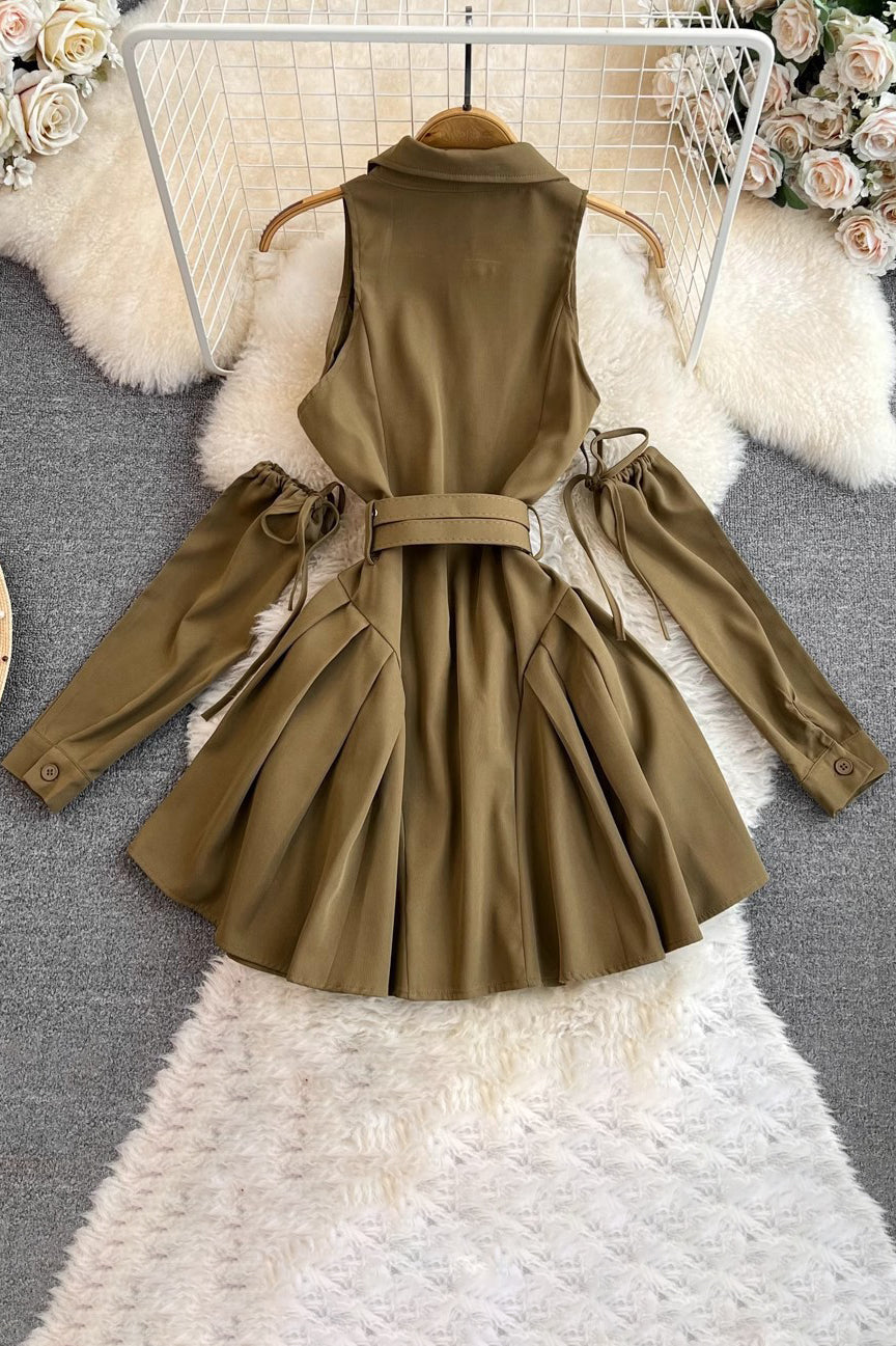 Sleeveless Lapel Buttons Mini Dress
