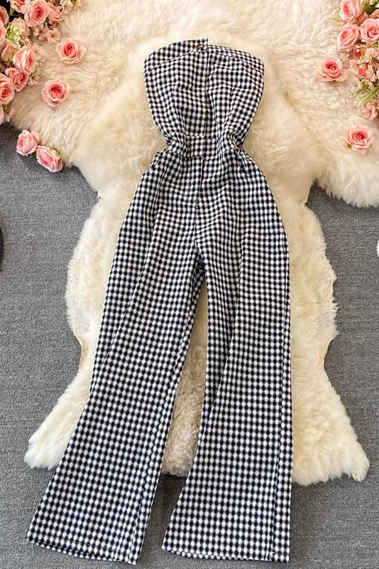 Strapless Sleeveless Plaid Romper Jumpsuit