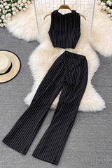 Stripe Sleeveless Tops Pants Trousers Set Two-Piece