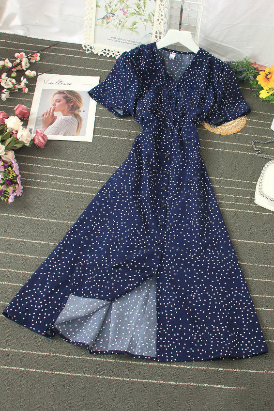 Polka Dots Short Sleeve Buttons Maxi Dress