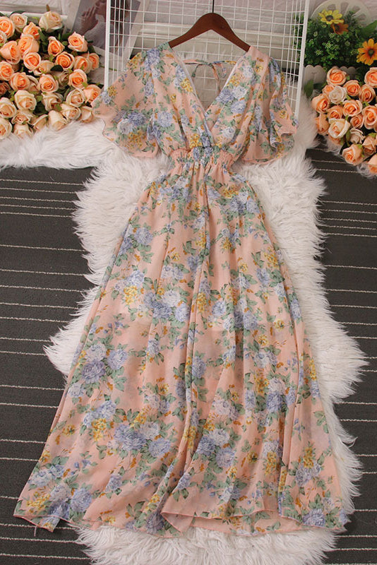 Chiffon Print V-Neck Short Sleeve Dress