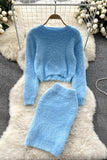 Knit Crop Top Sweater High Waist Skirt Set Two-Piece