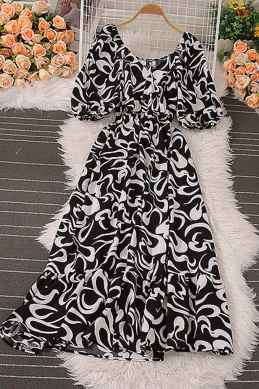 V-Neck Short Sleeve Ruffle Maxi Dress