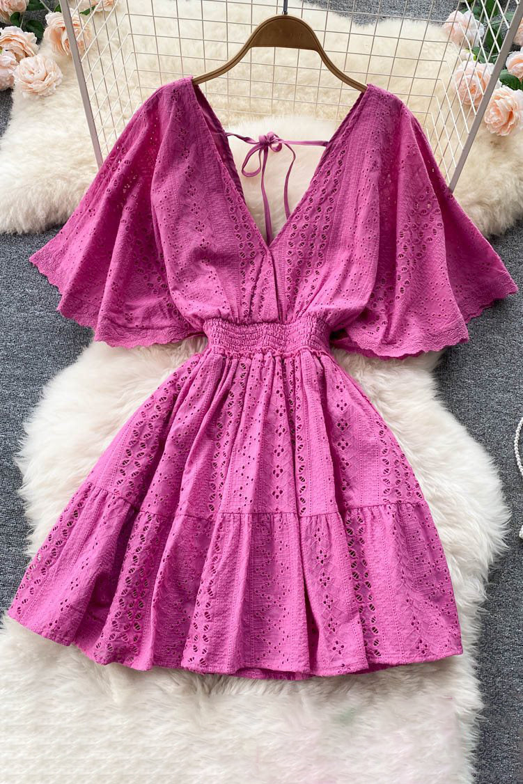 V-Neck Hollow Backless Short Sleeve Mini Dress