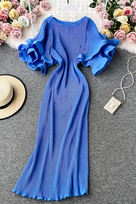 Lace Pleated Short Sleeve Maxi Dress