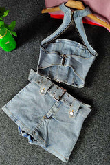 Retro Denim Hollow Halter Vest Tank Top Skirt Set Two-Piece