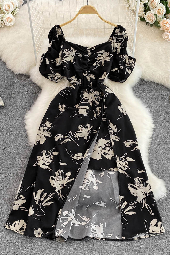 Retro Floral Square Neck Short Sleeve Backless Maxi Dress