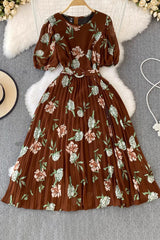 Scoop Neck Short Sleeve Flower Pleated Maxi Dress