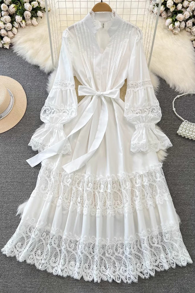 V-Neck Lace Hollow Long Sleeve Strappy Maxi Dress