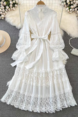 V-Neck Lace Hollow Long Sleeve Strappy Maxi Dress