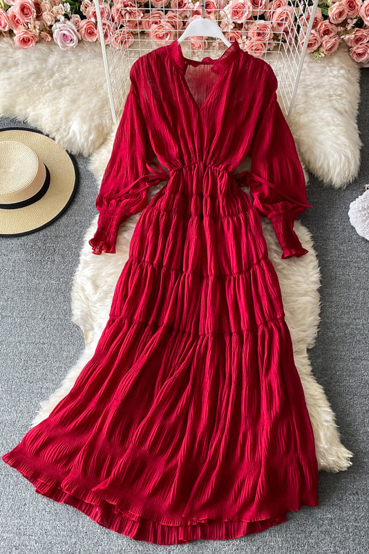 Retro Boho Chiffon V-Neck Long Sleeve Maxi Dress