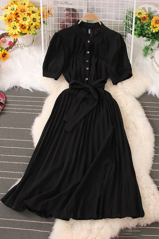 Lapel Buttons Short Sleeve Pleated Maxi Dress